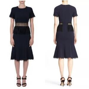 JONATHAN SIMKHAI Navy Blue Black Crochet Fringe Fluted Midi Dress Size 6